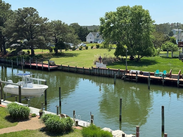20444 Baldpate Ln, Onancock, VA 23417 - dock featuring a water view, view of wooded area, and a lawn