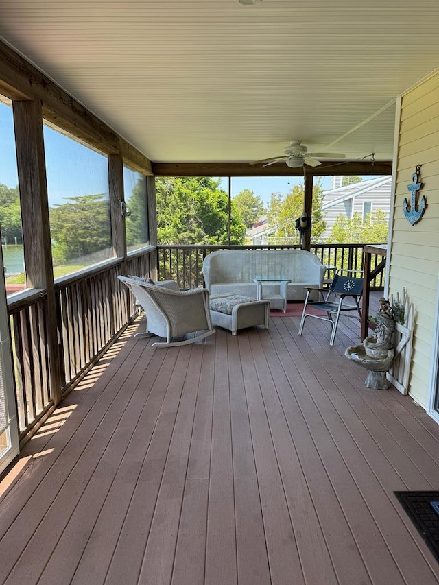 20444 Baldpate Ln, Onancock, VA 23417 - wooden terrace with an outdoor hangout area and a ceiling fan