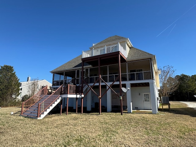 20444 Baldpate Ln, Onancock, VA 23417 - rear view of property featuring roof with shingles, a yard, stairway, and stucco siding