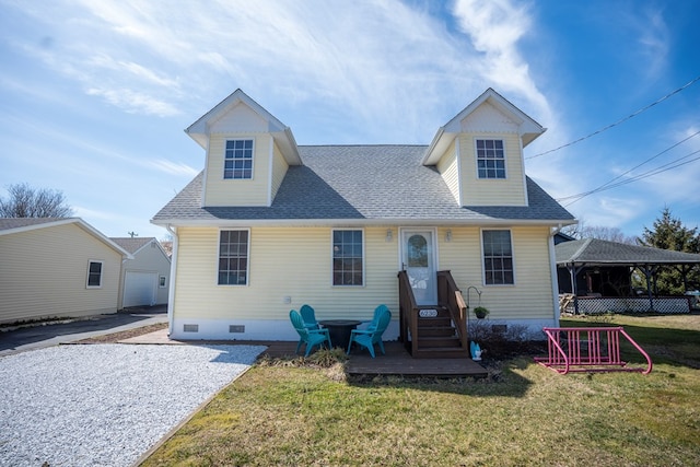 view of front of property with crawl space, a front yard, and roof with shingles