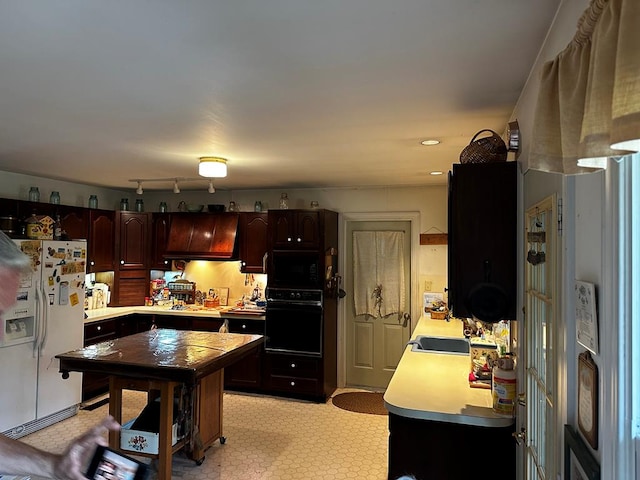 kitchen with dark brown cabinetry, sink, light colored carpet, and black appliances