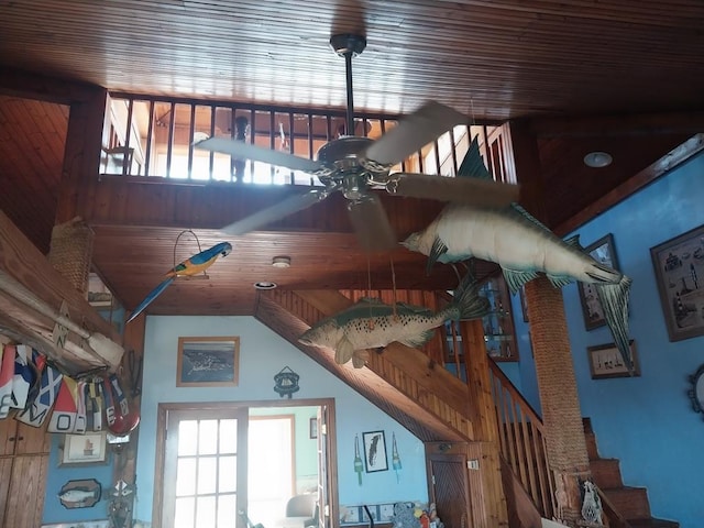 details with ceiling fan and wooden ceiling