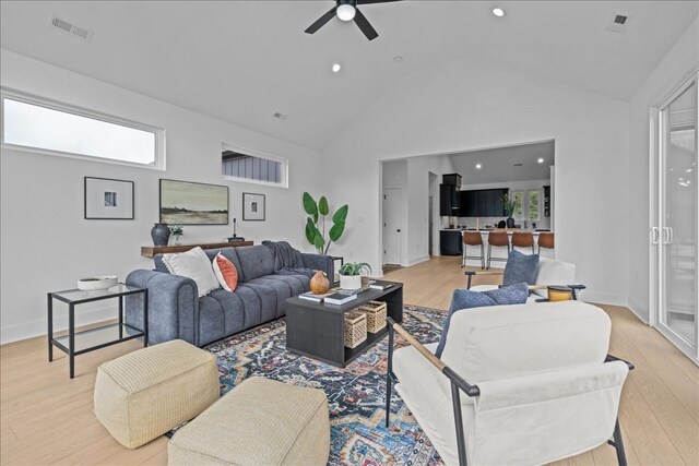 22231 Verlinda Lndg S, Cape Charles, VA 23310 - living room featuring a ceiling fan, light wood-type flooring, recessed lighting, and high vaulted ceiling