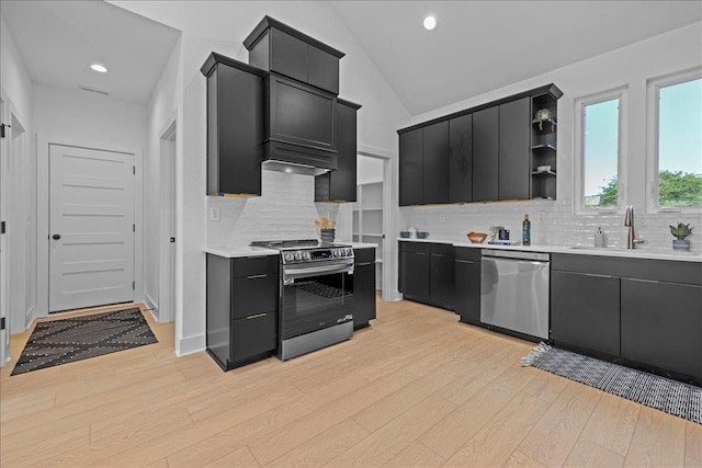 22231 Verlinda Lndg S, Cape Charles, VA 23310 - kitchen with appliances with stainless steel finishes, dark cabinetry, a sink, light countertops, and light wood finished floors