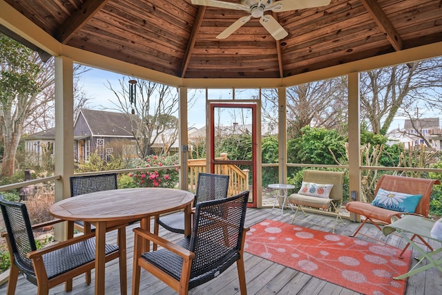 4282 Main St, Chincoteague, VA 23336 - sunroom / solarium with a ceiling fan, outdoor dining space, lofted ceiling, and healthy amount of natural light