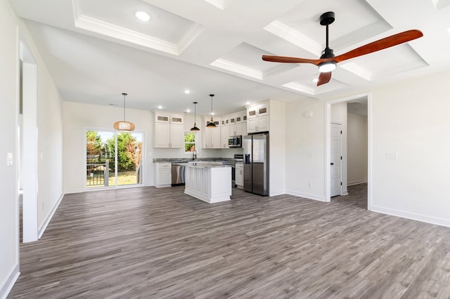 kitchen with ceiling fan, light hardwood / wood-style floors, decorative light fixtures, a kitchen island, and appliances with stainless steel finishes