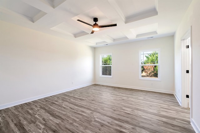 unfurnished room with beam ceiling, light hardwood / wood-style flooring, ceiling fan, and coffered ceiling