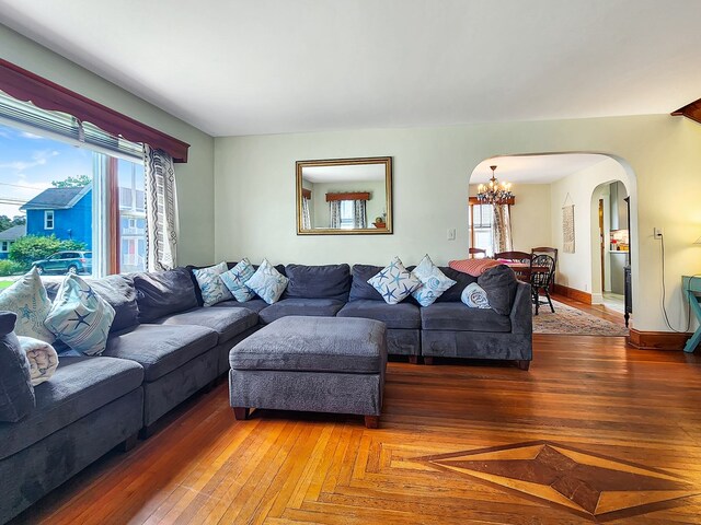 living room with a chandelier