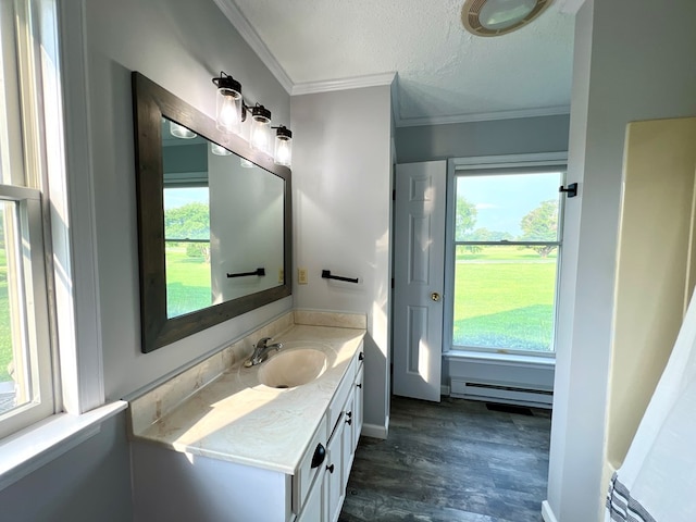 bathroom with a wealth of natural light, vanity, a textured ceiling, and baseboard heating