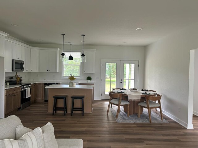 22199 Verlinda Lndg S, Cape Charles, VA 23310 - kitchen featuring appliances with stainless steel finishes, french doors, dark wood finished floors, a kitchen island, and recessed lighting