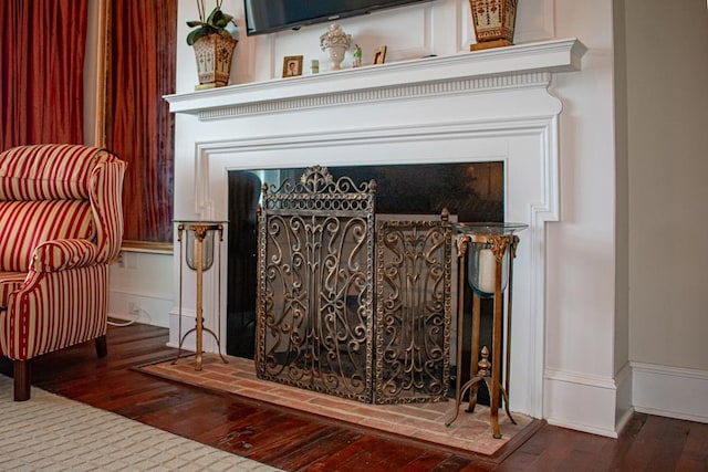 room details with baseboards, wood finished floors, and a fireplace