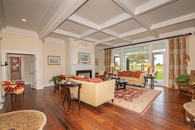 living room featuring beam ceiling, a fireplace, dark hardwood / wood-style floors, and ornamental molding