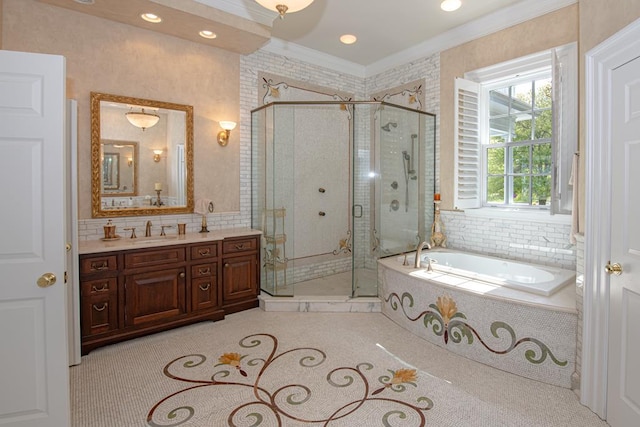 bathroom with vanity, crown molding, and plus walk in shower