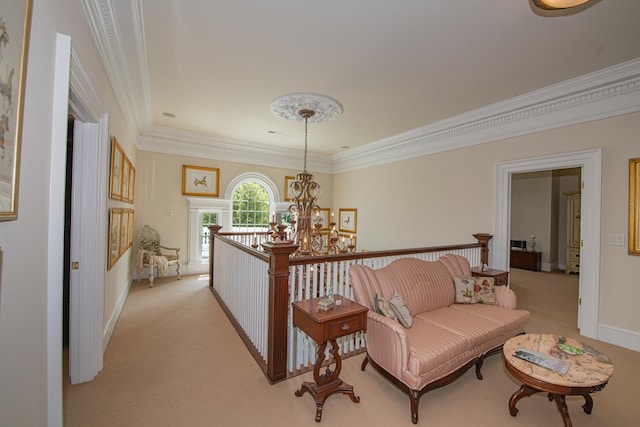 interior space with light carpet, ornamental molding, and a notable chandelier