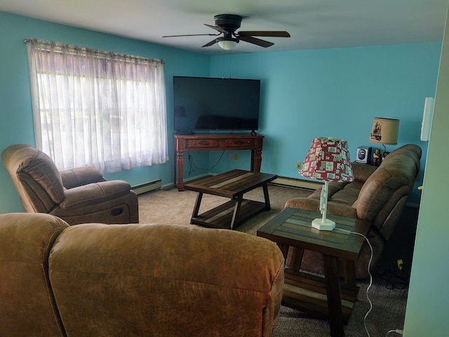 30007 Kilmon Ln, Hacksneck, VA 23358 - carpeted living area featuring a ceiling fan and a baseboard radiator