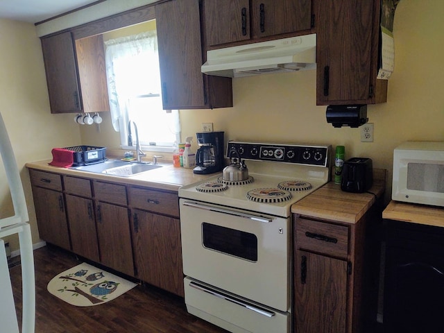 30007 Kilmon Ln, Hacksneck, VA 23358 - kitchen featuring white appliances, under cabinet range hood, light countertops, dark wood-style flooring, and dark brown cabinetry