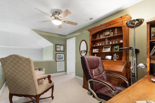 office with light colored carpet and ceiling fan