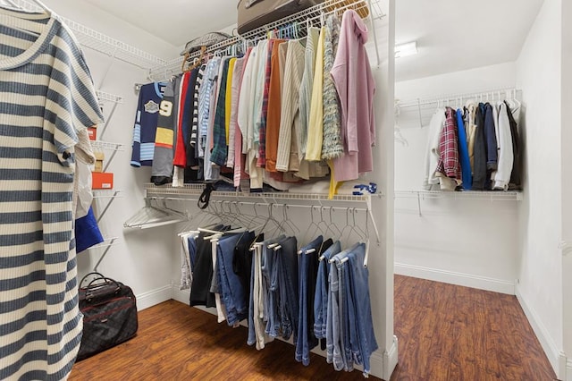 spacious closet with dark hardwood / wood-style flooring