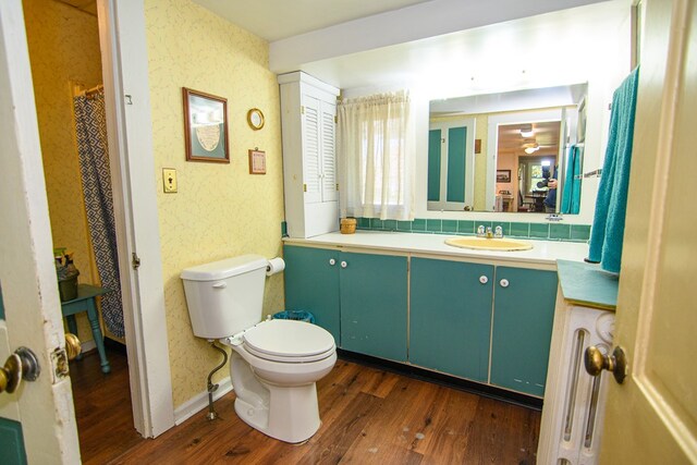 bathroom featuring toilet, vanity, and wood finished floors