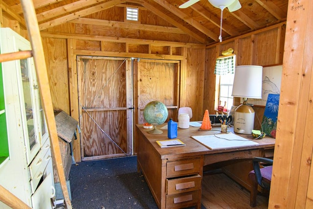 office space featuring a ceiling fan and vaulted ceiling