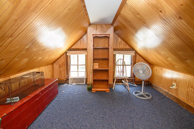 additional living space with wooden ceiling, a healthy amount of sunlight, wood walls, and vaulted ceiling