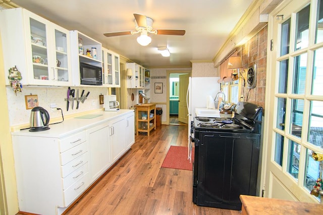 kitchen featuring light wood-type flooring, a healthy amount of sunlight, a sink, and black appliances