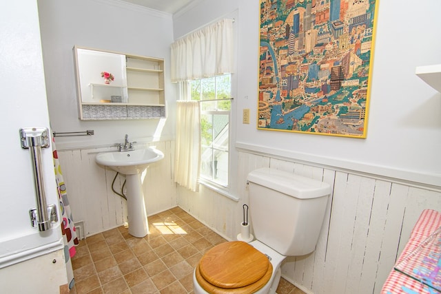 half bath with toilet, ornamental molding, a wainscoted wall, and a sink