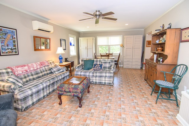 living room featuring brick floor, an AC wall unit, a ceiling fan, and crown molding