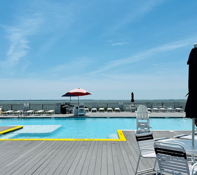 view of swimming pool with a water view