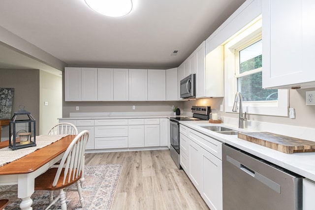 kitchen featuring sink, white cabinets, light hardwood / wood-style floors, and appliances with stainless steel finishes