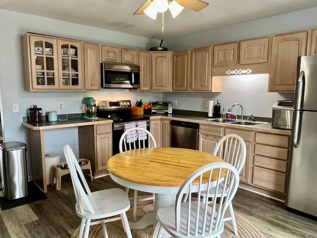 kitchen with light brown cabinetry, dark hardwood / wood-style flooring, stainless steel appliances, and sink