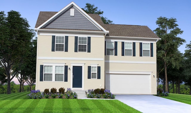 view of front facade featuring driveway, an attached garage, a front lawn, and a shingled roof