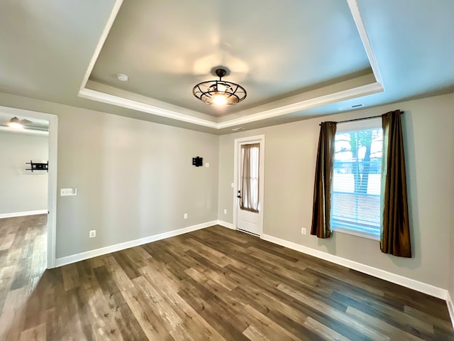 spare room with a raised ceiling and dark hardwood / wood-style flooring