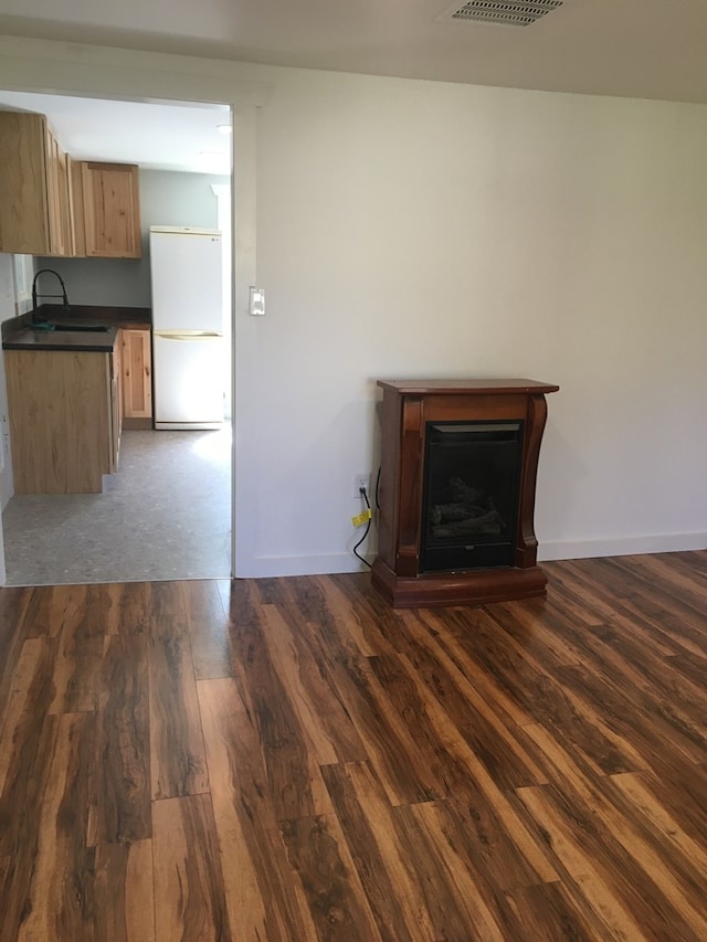 unfurnished living room featuring sink and dark wood-type flooring