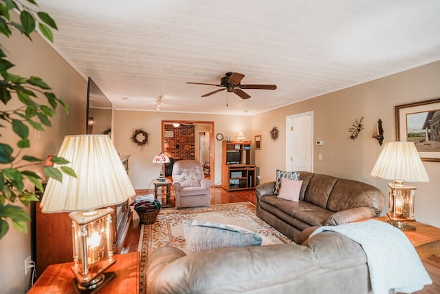 8045 Hickman Farm Ln, Wallops Island, VA 23337 - living room featuring crown molding, a ceiling fan, and wood finished floors