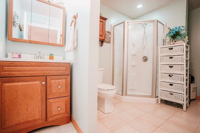 8045 Hickman Farm Ln, Wallops Island, VA 23337 - full bathroom with vanity, toilet, tile patterned floors, recessed lighting, and a shower stall