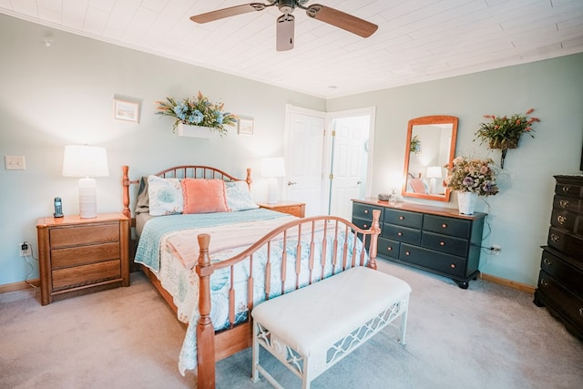 8045 Hickman Farm Ln, Wallops Island, VA 23337 - bedroom with light colored carpet, a ceiling fan, wood ceiling, and baseboards