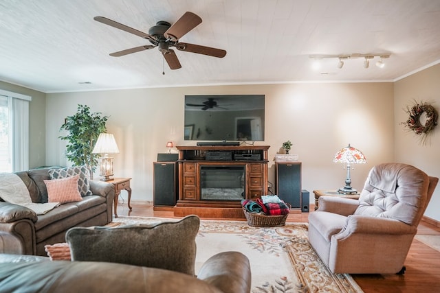 8045 Hickman Farm Ln, Wallops Island, VA 23337 - living area featuring ornamental molding, a glass covered fireplace, a ceiling fan, and wood finished floors