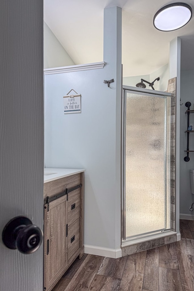 full bathroom featuring baseboards, wood finished floors, vanity, and a shower stall