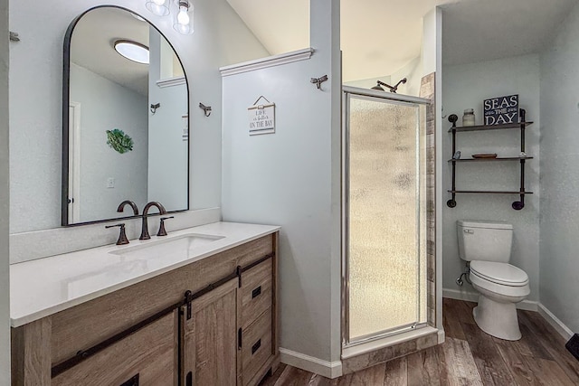 full bathroom featuring toilet, a shower stall, wood finished floors, and vanity