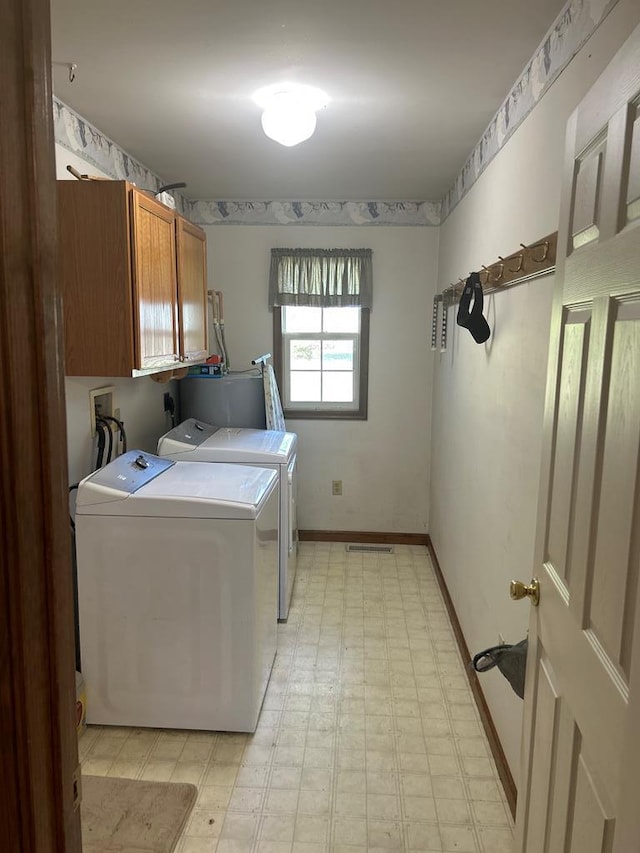 9370 Southwind Rd, Atlantic, VA 23303 - clothes washing area with cabinet space, separate washer and dryer, water heater, light flooring, and baseboards