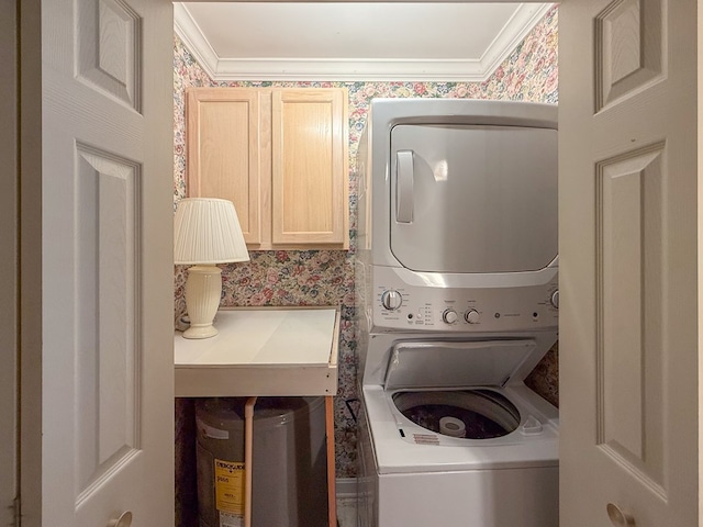 21382 Southside Rd, Onancock, VA 23417 - laundry area with stacked washer / dryer, wallpapered walls, cabinet space, and crown molding