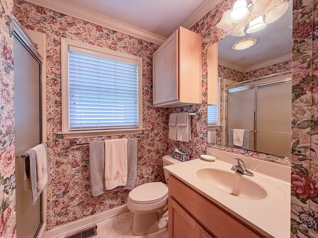 21382 Southside Rd, Onancock, VA 23417 - bathroom with crown molding, a shower stall, and vanity