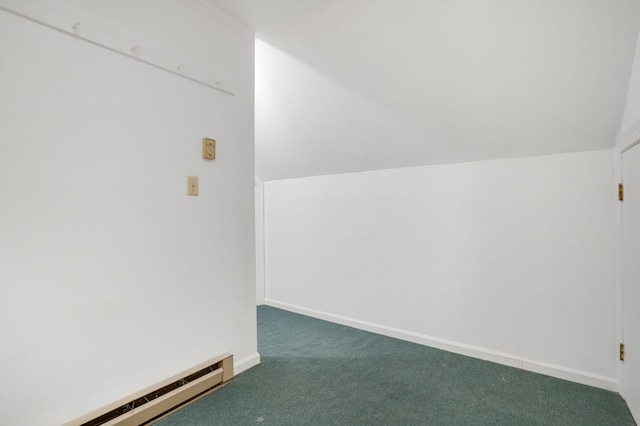 bonus room with vaulted ceiling, carpet floors, and a baseboard heating unit