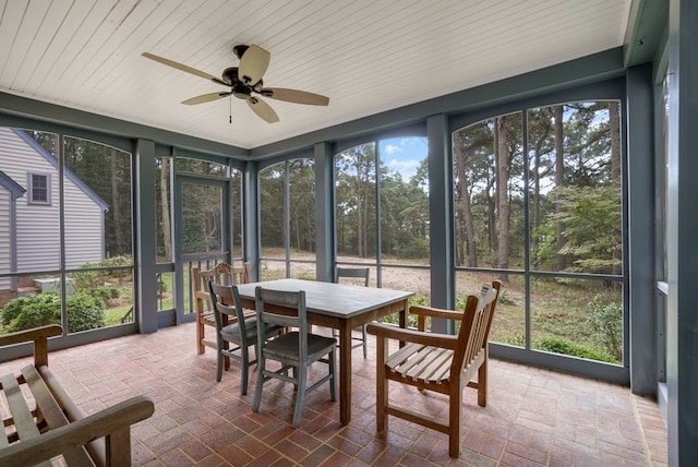 sunroom / solarium with ceiling fan and wooden ceiling