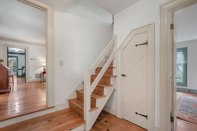 stairway with hardwood / wood-style flooring