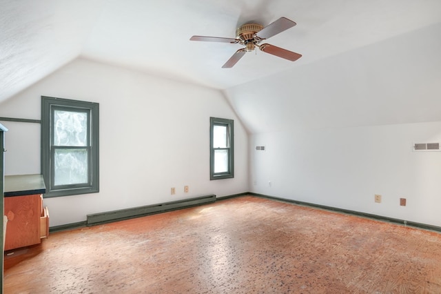 additional living space featuring vaulted ceiling, ceiling fan, and a baseboard heating unit