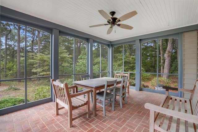 sunroom / solarium with ceiling fan and wood ceiling