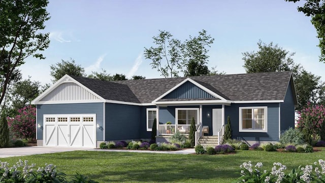 view of front of home featuring a garage, covered porch, and a front yard