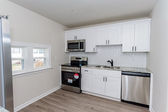 kitchen with appliances with stainless steel finishes, tasteful backsplash, sink, white cabinets, and light wood-type flooring